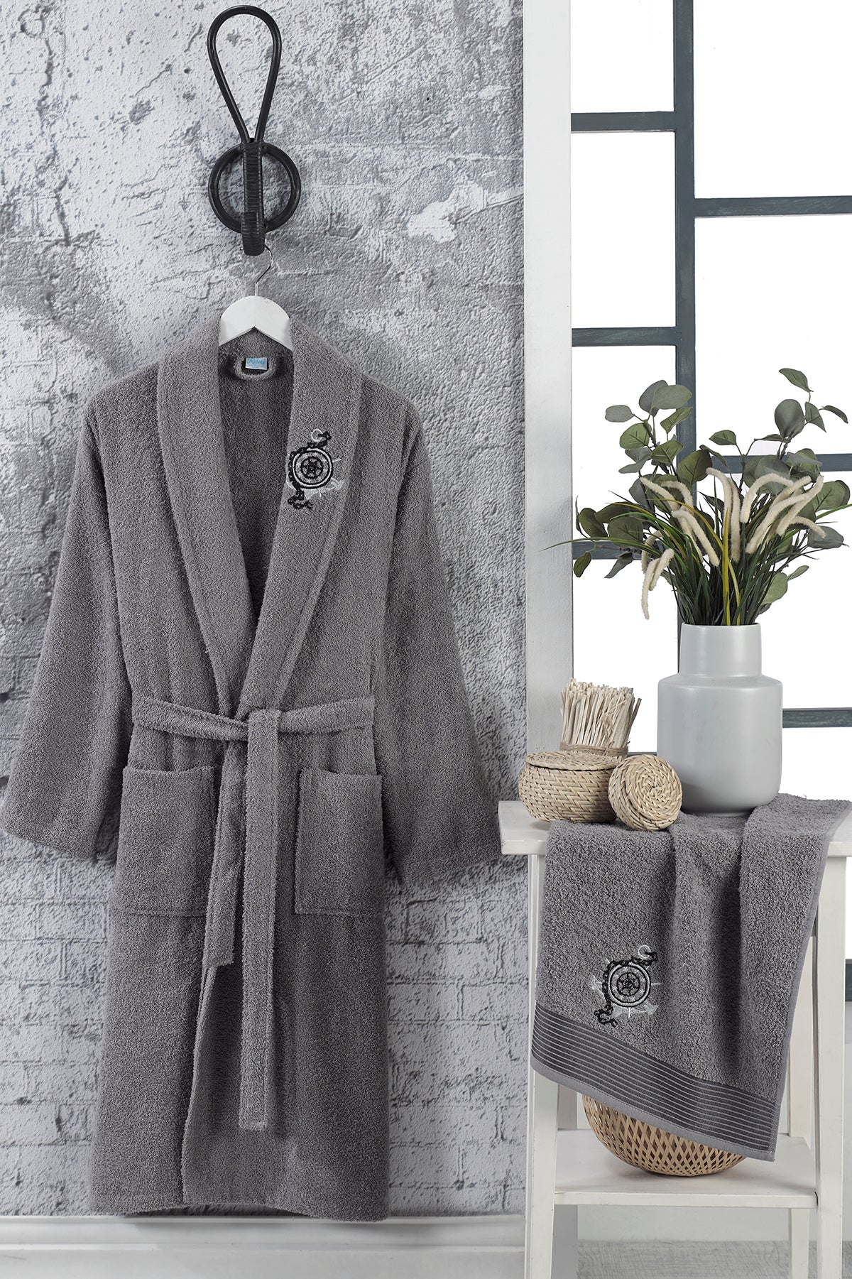 Embroidered Towel and Bathrobe Set - Anthracite