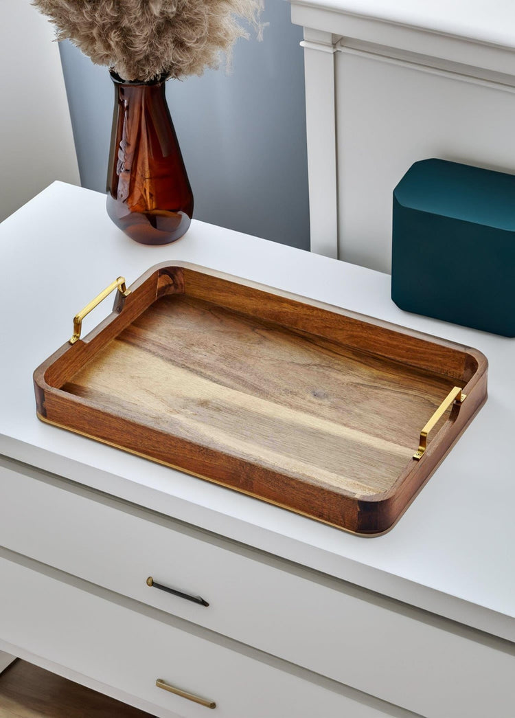 Bandeja Natura de Acacia con Funda Metálica 45x30 cm - Exportin - Global Shopping Site