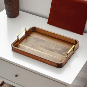 Natura – Metal Sleeved Acacia Tray – Decorative & Serving – 38x28 cm - Exporgin | Türkiye Comes to You