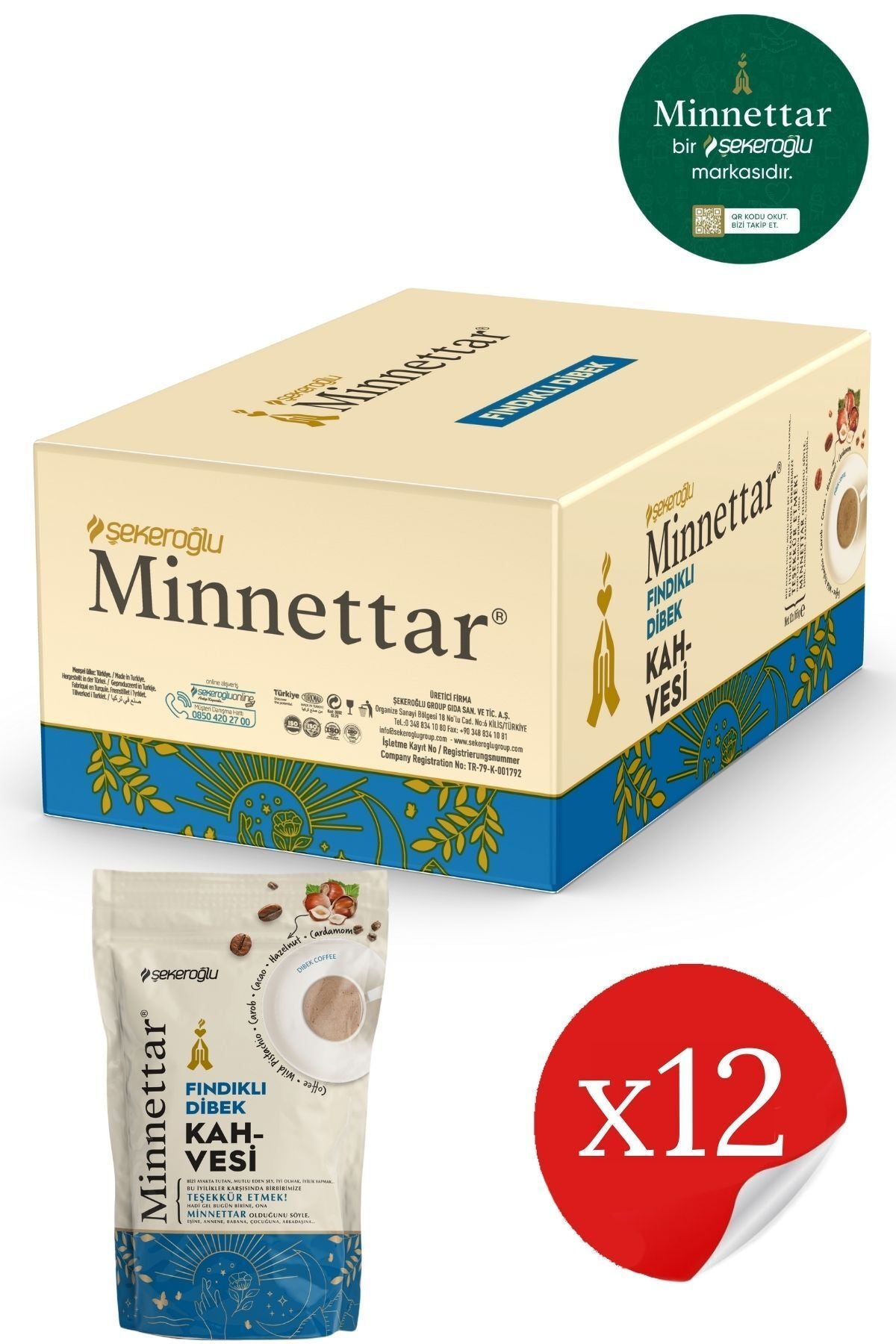 Minnettar Haselnuss Dibek Kaffee 12 x 165 Gr (12 Packungen)