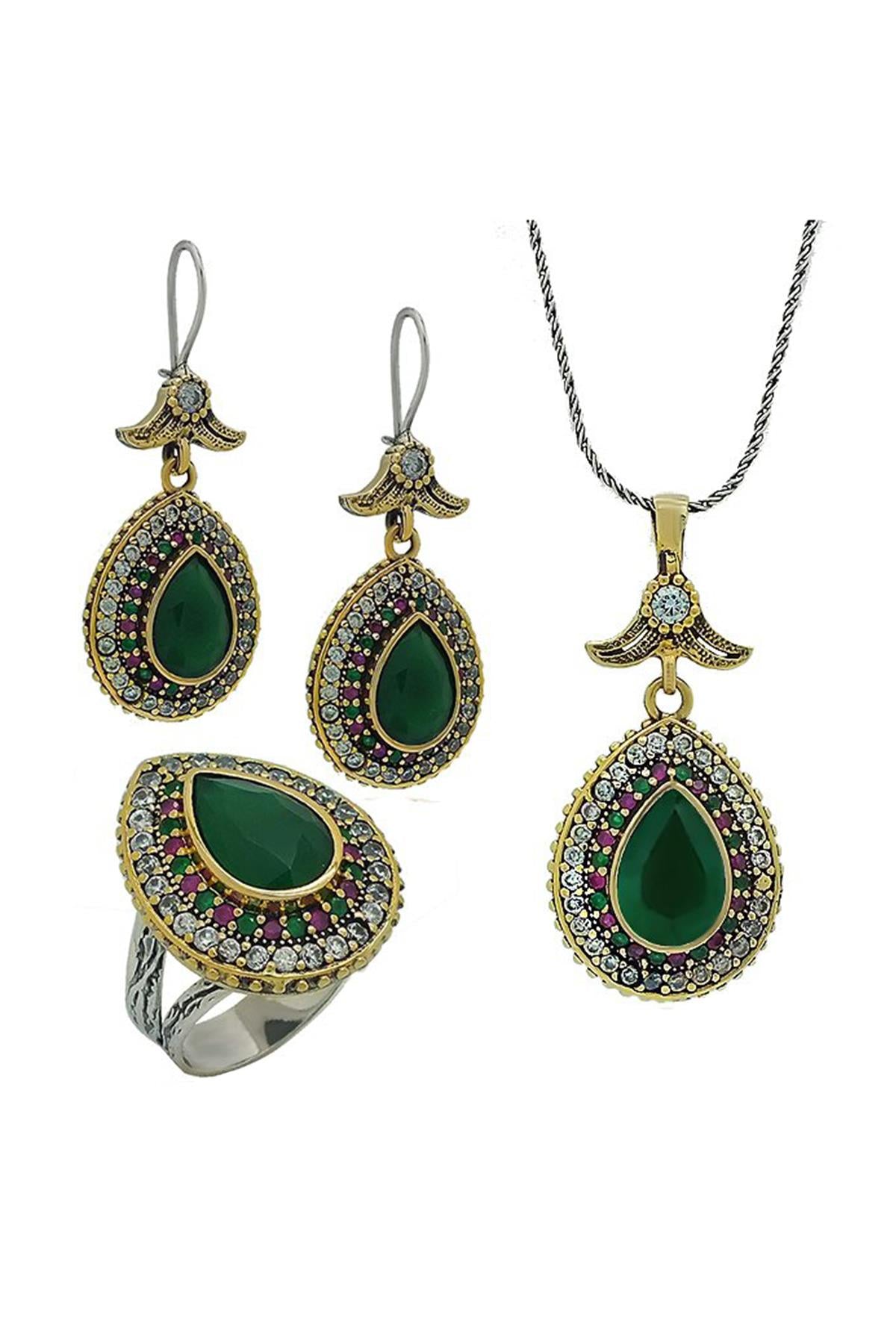 Gioielli da donna Trio in argento con pietra smeraldo Hürrem Sultan Set