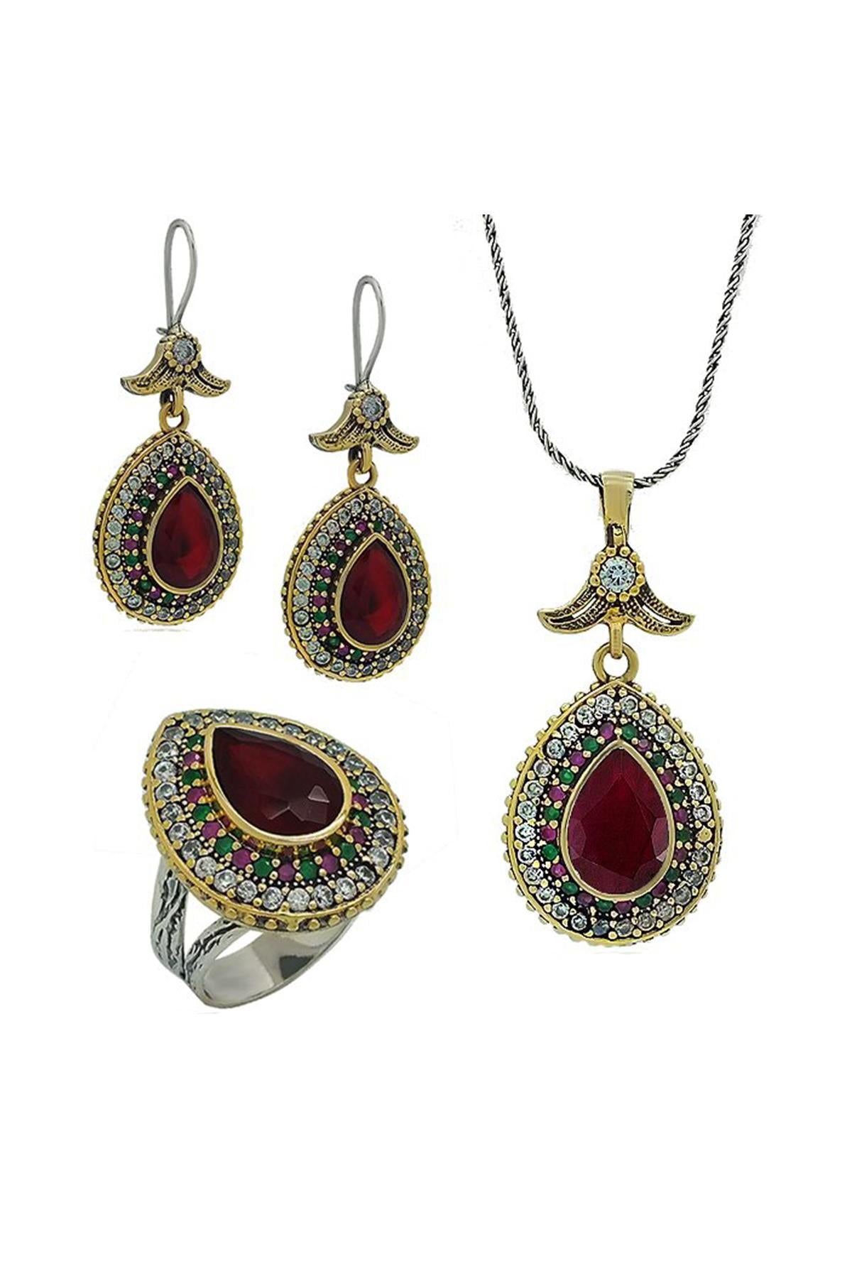 Ruby Stone Hürrem Sultan Set Drop Silver Triple Gioielli da donna