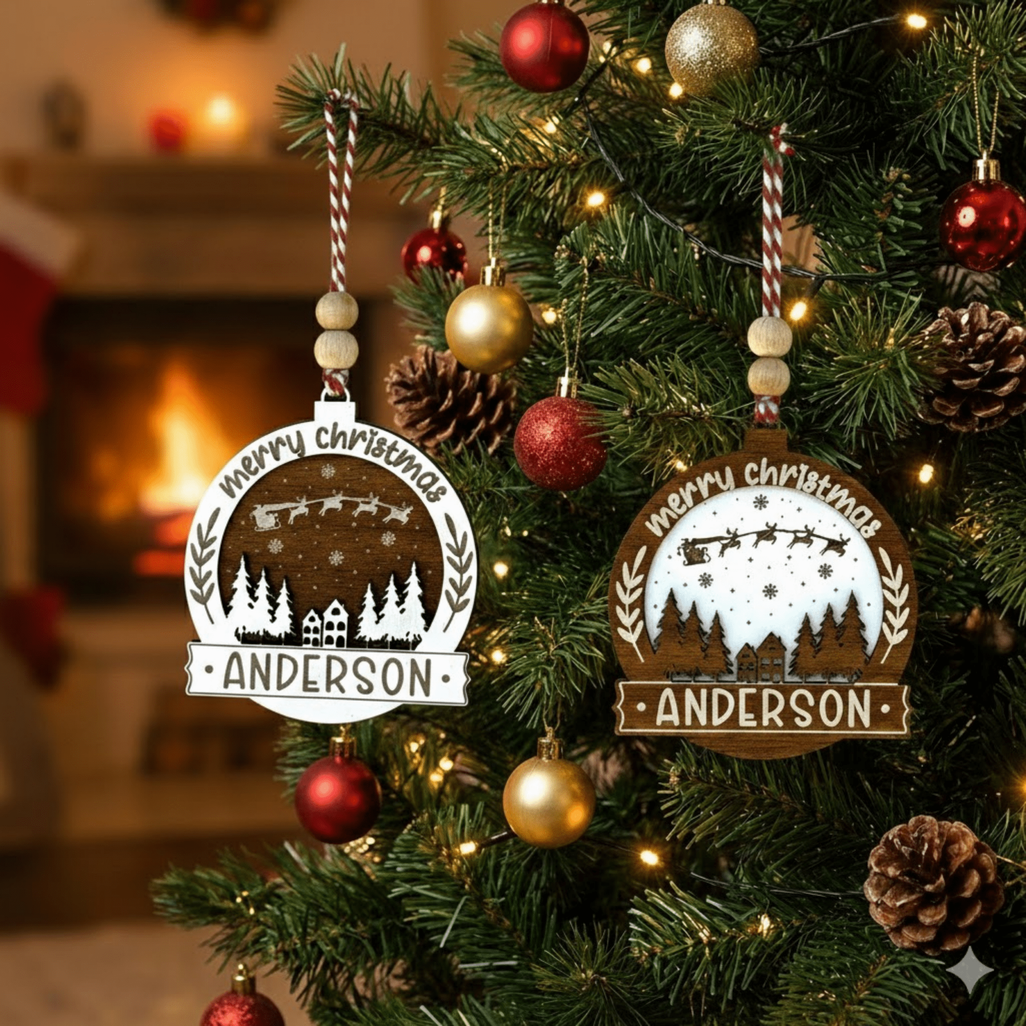 Personalized Round Christmas Ornament – Custom Name Holiday Decoration with Santa Sleigh & Reindeer – Happy New Year Tree Ornament - Exporgin | Türkiye Comes to You