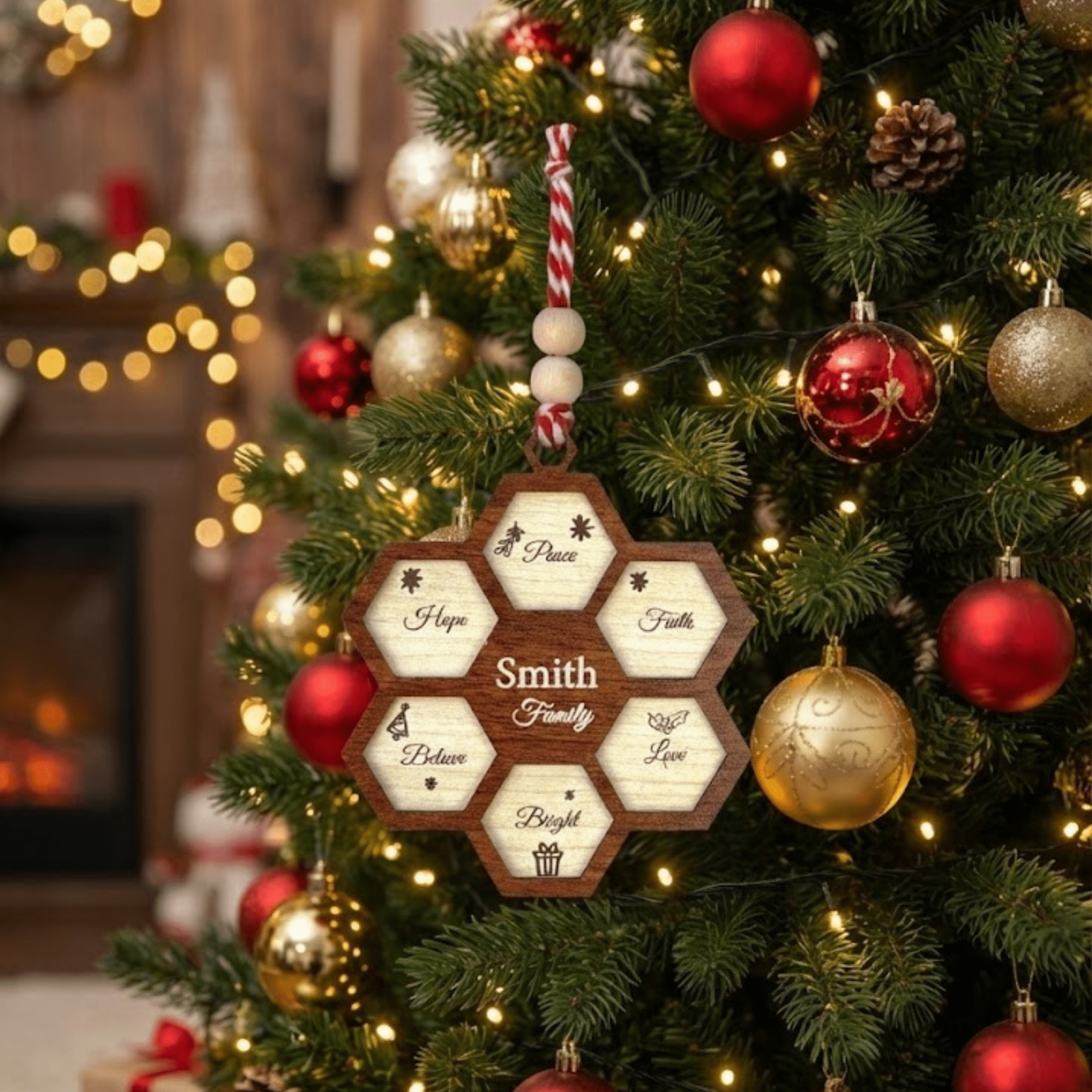 Personalized Wooden Honeycomb Christmas Ornament – Custom Family Name Holiday Decoration – Laser Engraved Rustic Farmhouse Xmas Gift - Exporgin | Türkiye Comes to You