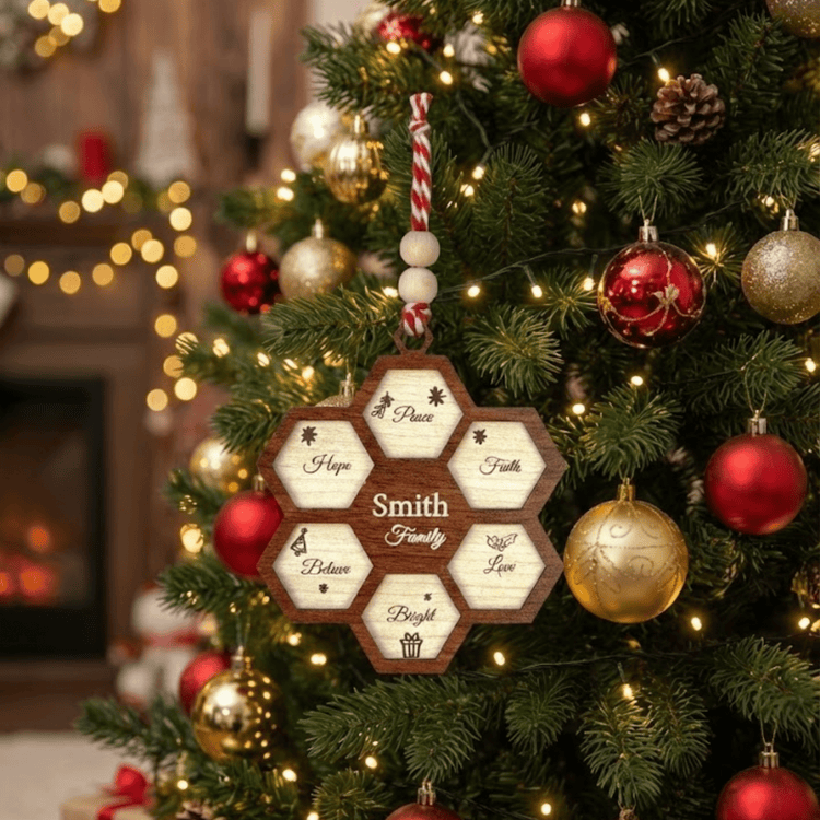 Personalized Wooden Honeycomb Christmas Ornament – Custom Family Name Holiday Decoration – Laser Engraved Rustic Farmhouse Xmas Gift - Exporgin | Türkiye Comes to You