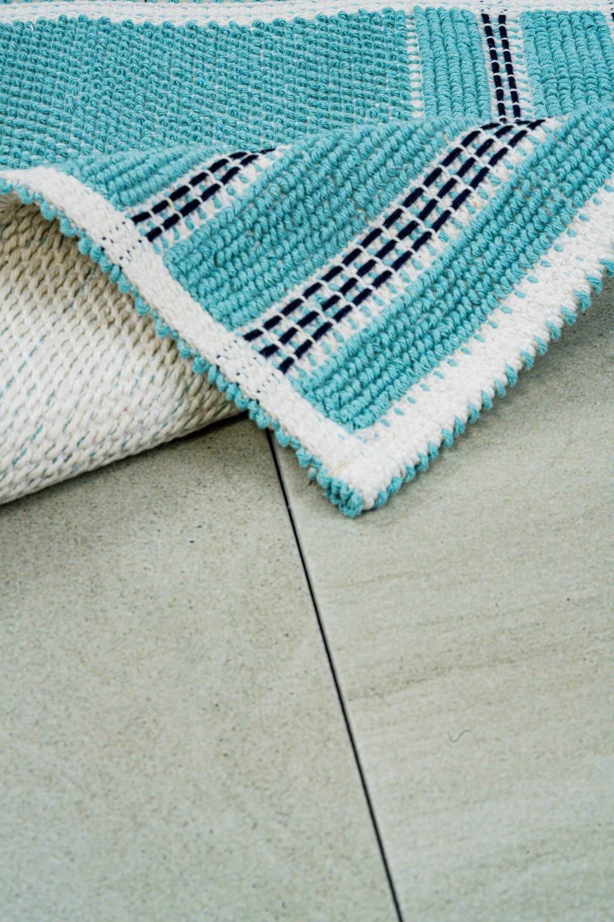 Porto Natural Cotton Bath Mat 40x60 cm - Turquoise/Black