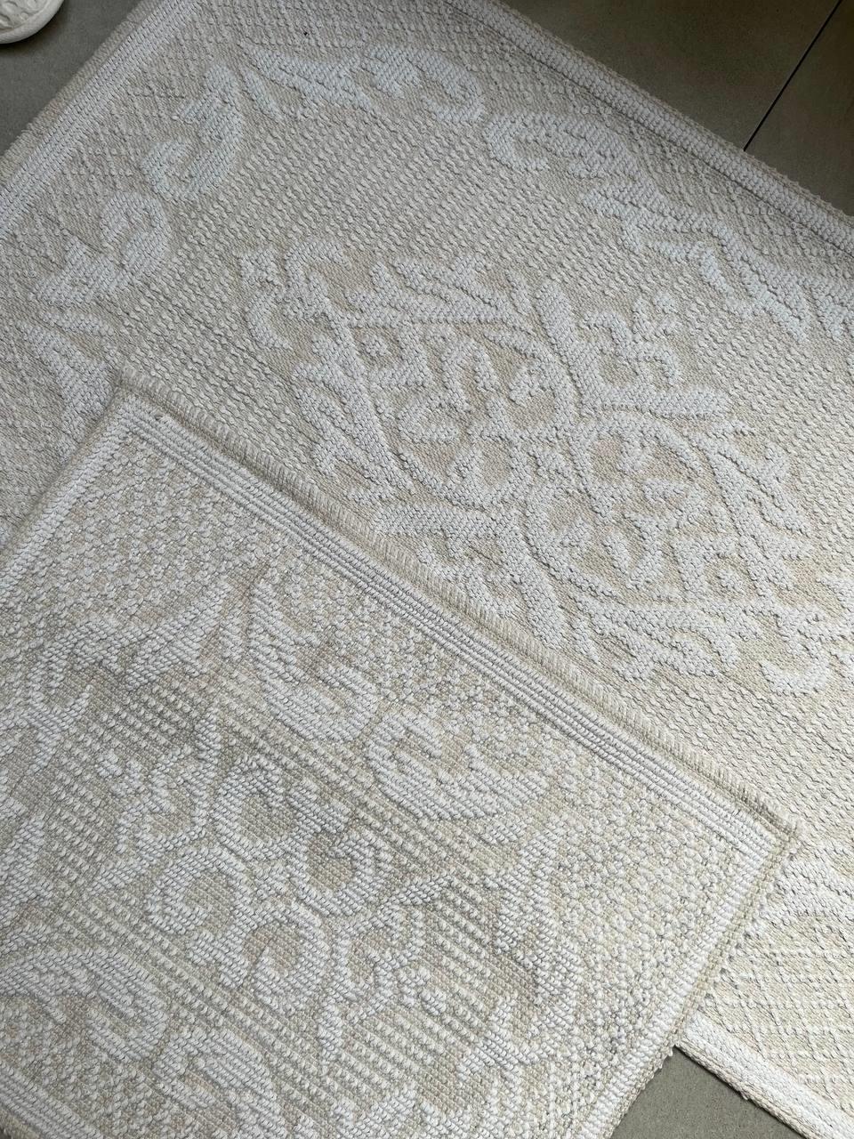 Raya Damask Natural Cotton 2-Piece Bath Mat Set 60x100+50x60 cm - White