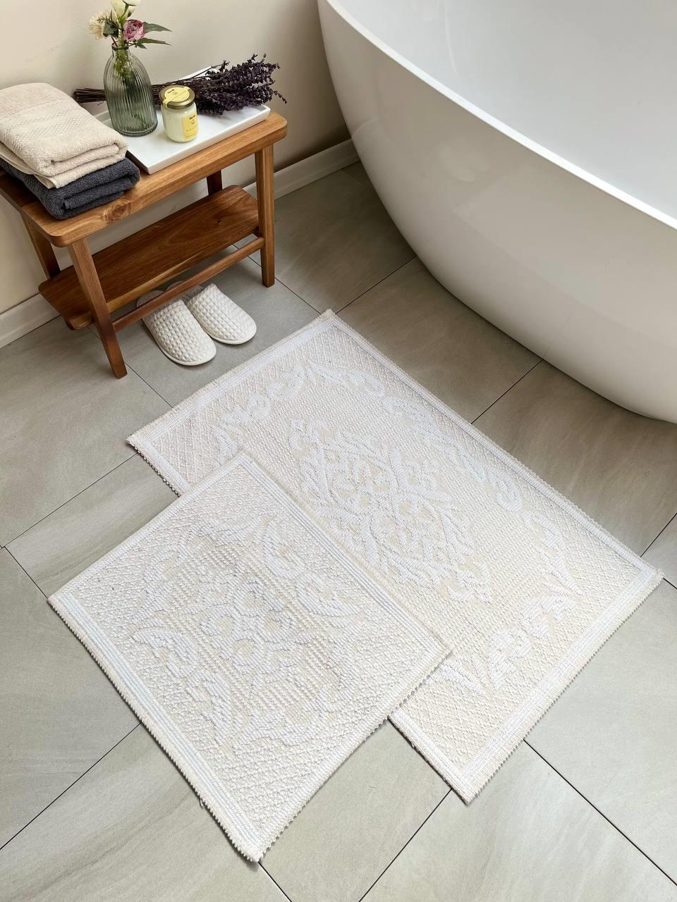 Raya Damask Natural Cotton 2-Piece Bath Mat Set 60x100+50x60 cm - White