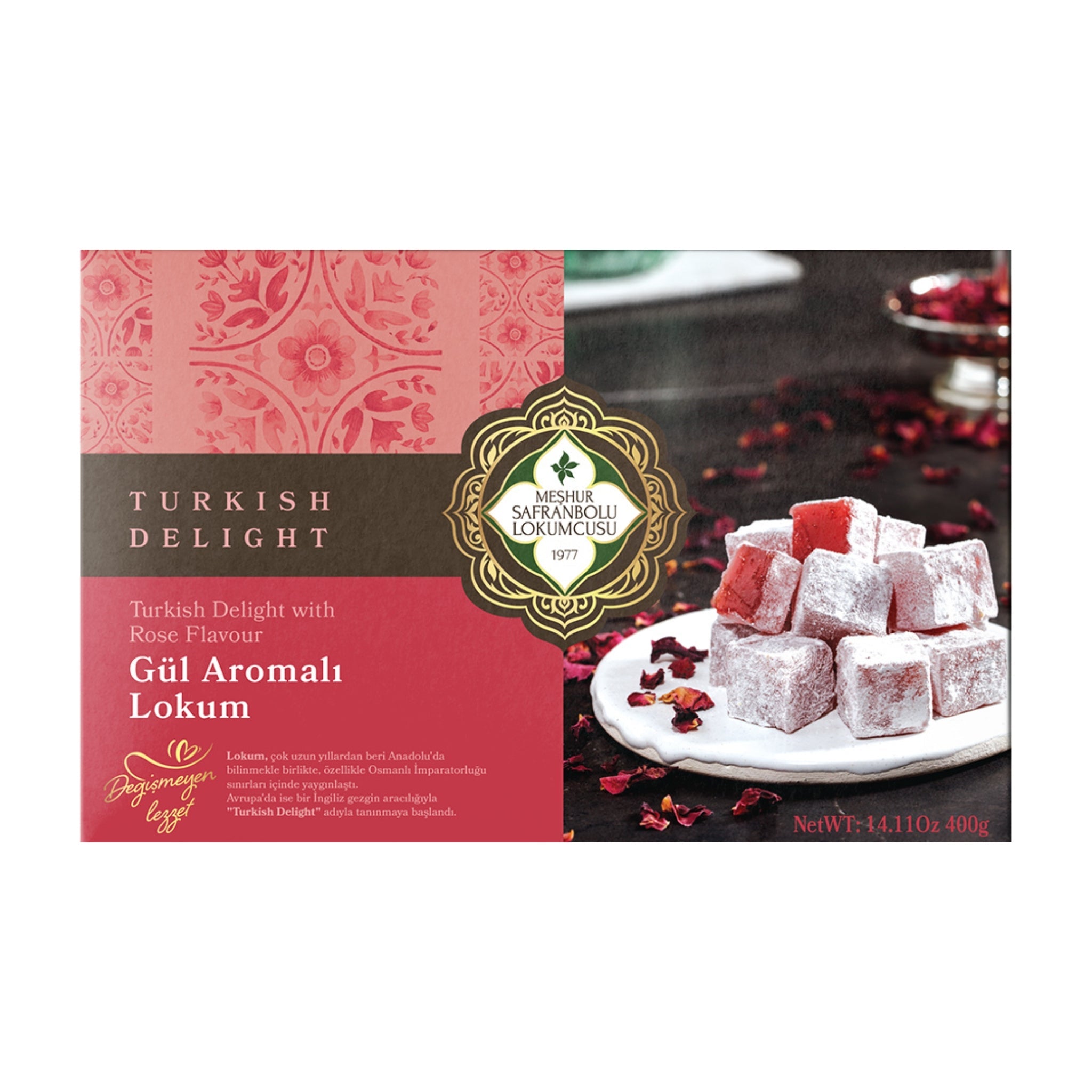 Rose Turkish Delight – Traditional Flavor with Rose Yeast and Natural Color – Powdered Sugar Coated - 400g (14.11 oz) - Exporgin - Global Shopping Site