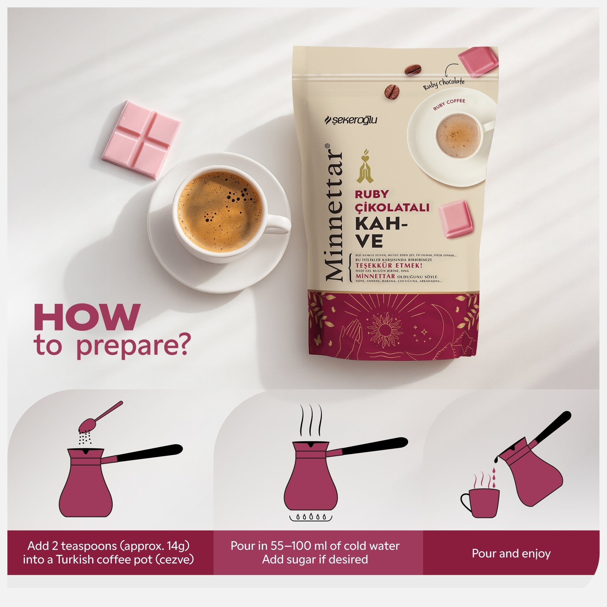 Şekeroğlu Minnettar Ruby Chocolate Coffee 165 gr – Turkish Coffee with Ruby Chocolate – Unique Fruity and Creamy Flavor - Exporgin - Global Shopping Site