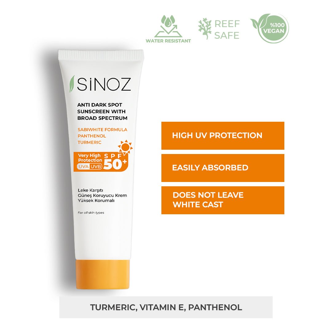 Sinoz Anti Dark Spot Sunscreen SPF 50+ – Daily UV Protection with Turmeric Extract and Vitamin E – Prevents Sun Spots and Evens Skin Tone – 50 ml - Exporgin - Global Shopping Site