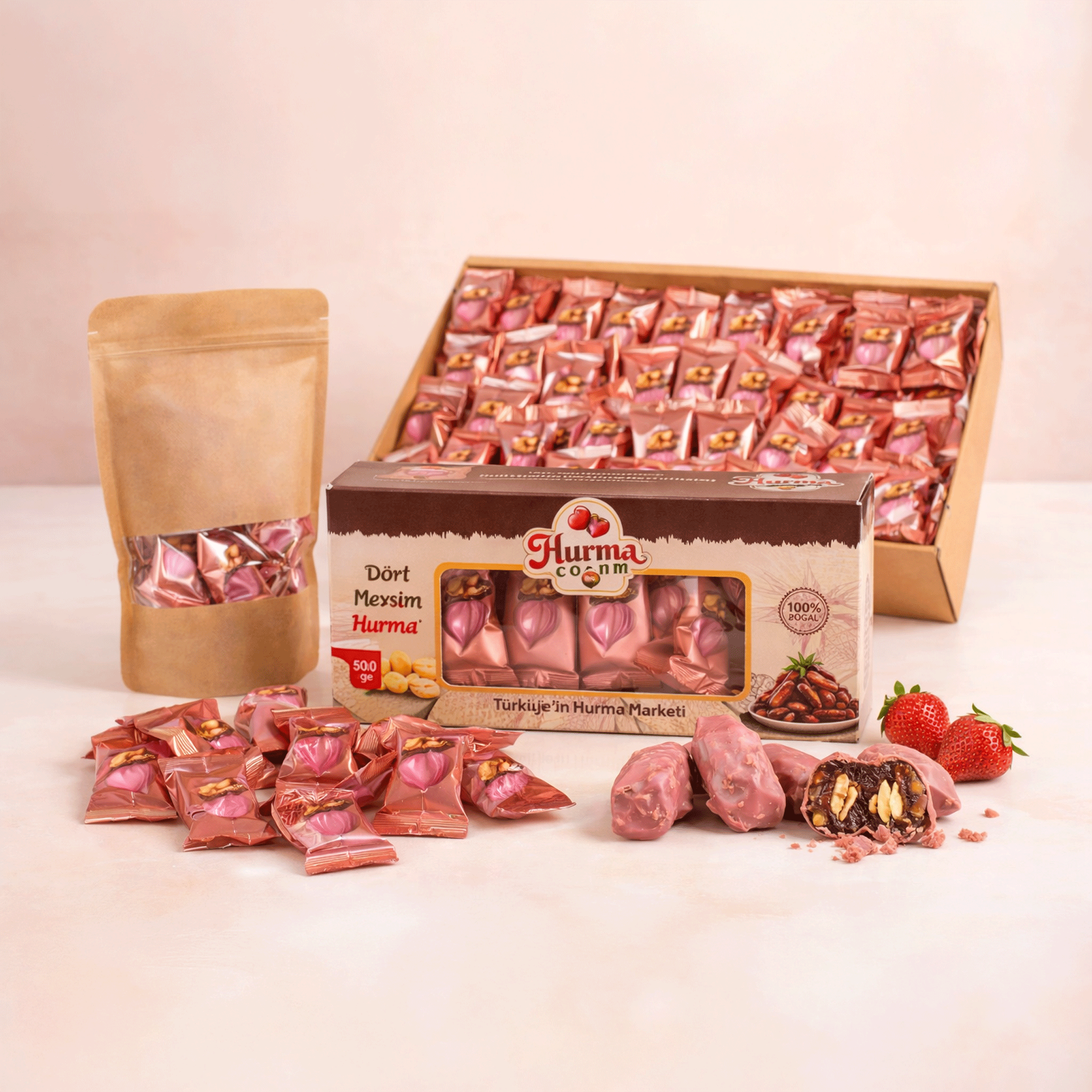 Strawberry Chocolate Covered Dates with Almonds 500g (17.64 oz) - Exporgin | Türkiye Comes to You