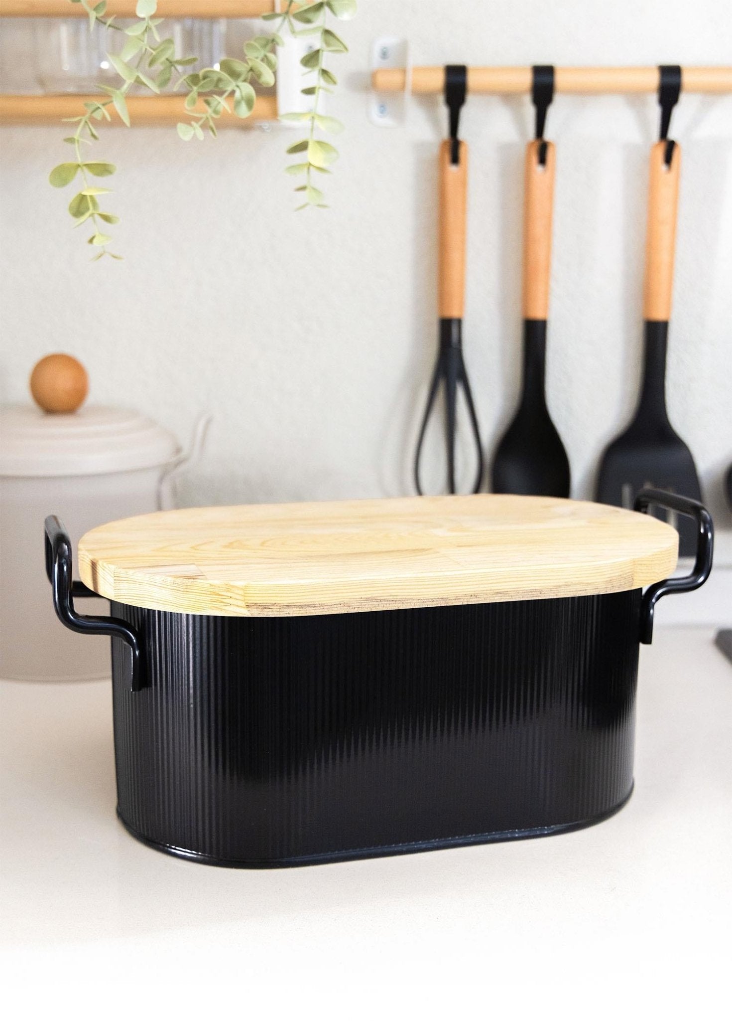 Stripe Wooden Lid Bread Storage Box Black 40x22x18 cm - Exporgin | Türkiye Comes to You