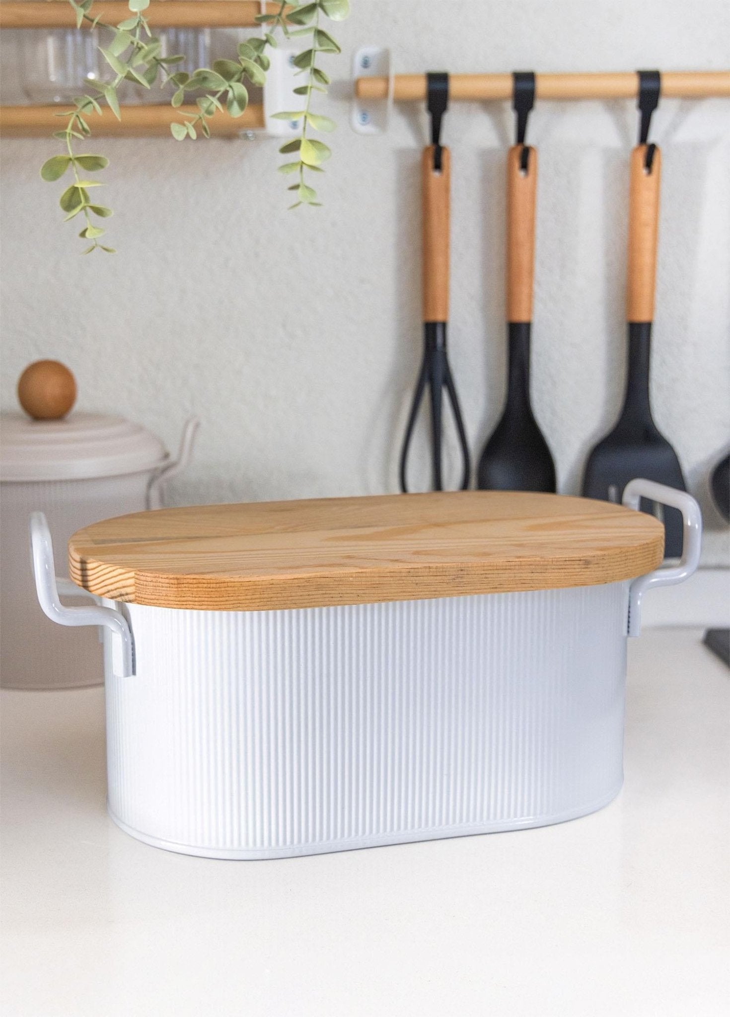Stripe Wooden Lid Bread Storage Box White 40x22x18 cm - Exporgin | Türkiye Comes to You