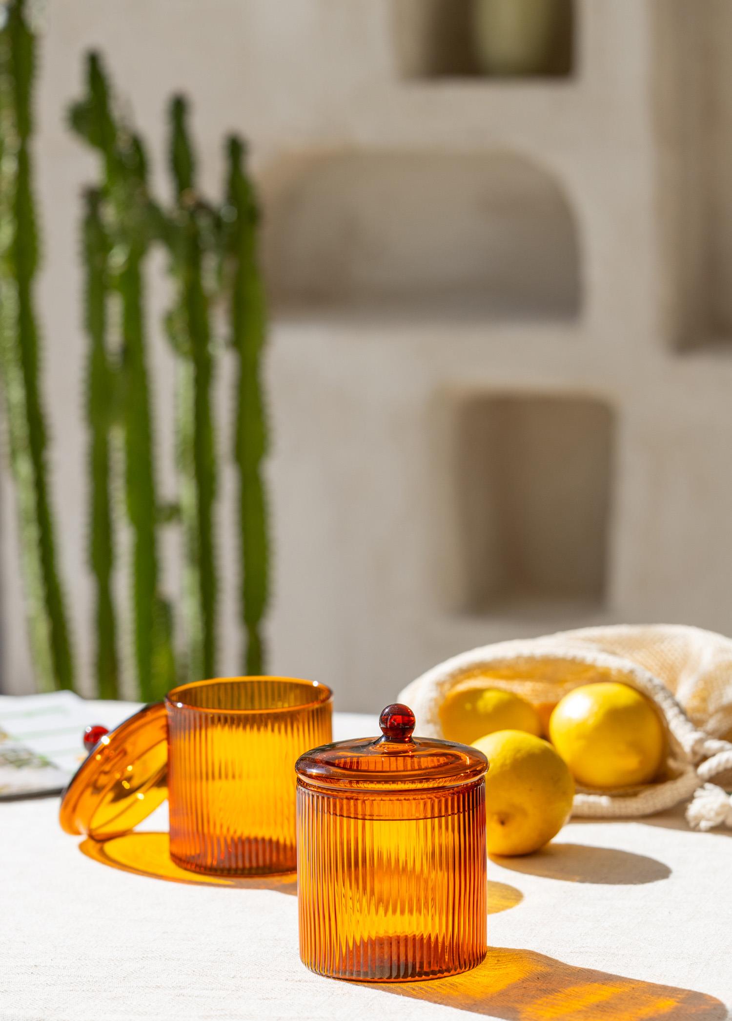 Striped Borosilicate Glass Sugar Bowl Amber 9x9x11 cm