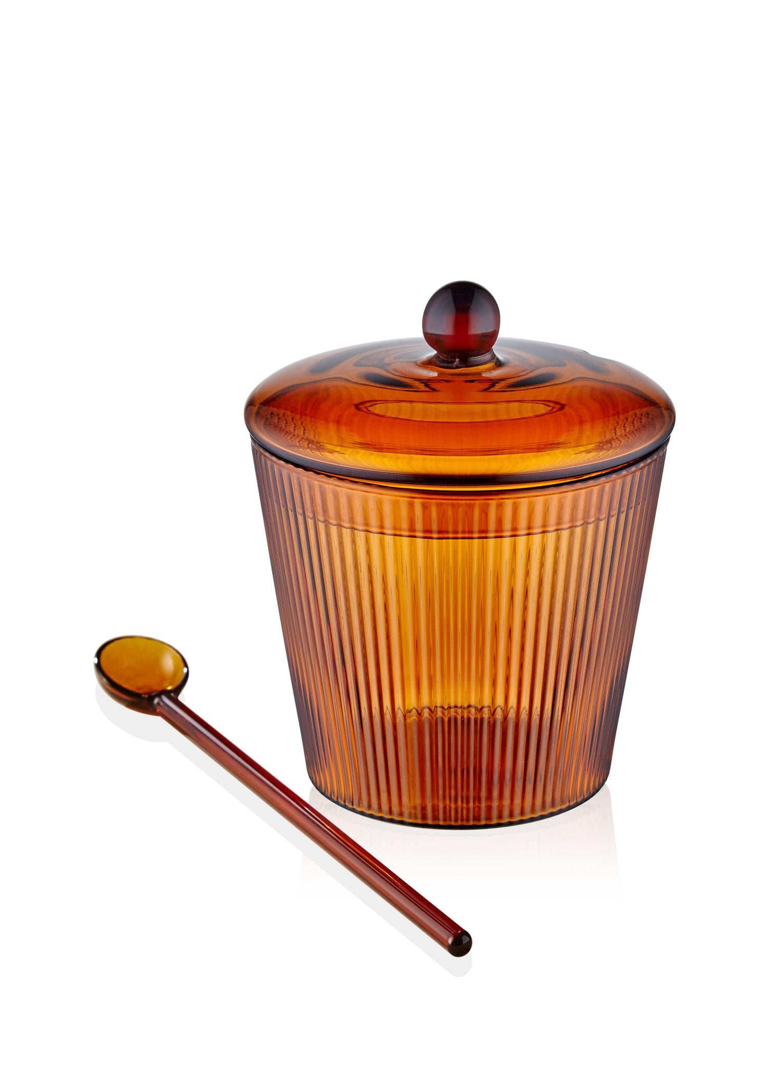 Striped Glass Sugar Bowl with Spoon Amber 10x12 cm