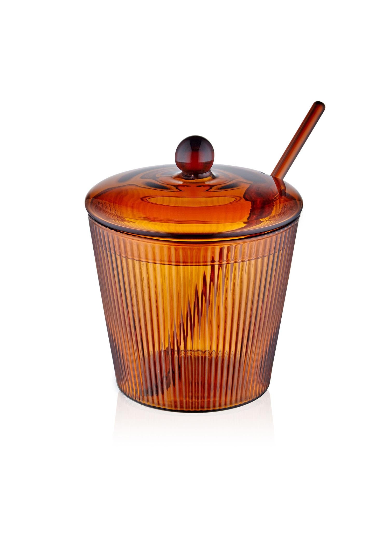 Striped Glass Sugar Bowl with Spoon Amber 10x12 cm