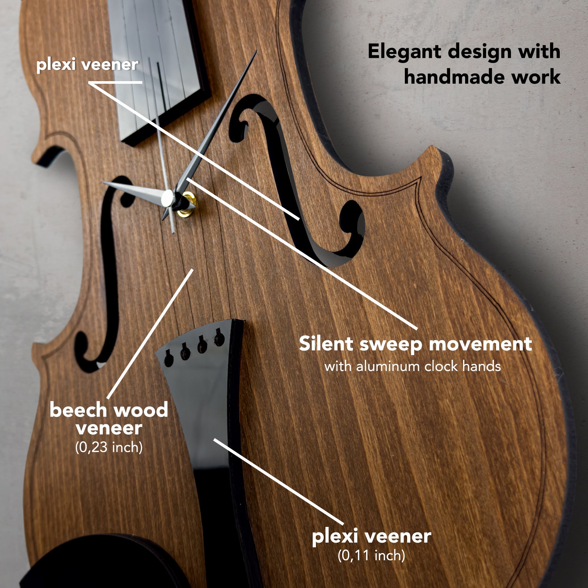 Time Reflection Realistic Violin - Shaped 3D Handmade Wooden Wall Clock - Exporgin | Türkiye Comes to You