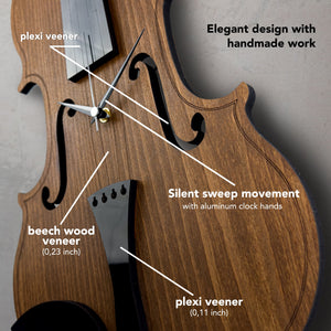 Time Reflection Realistic Violin - Shaped 3D Handmade Wooden Wall Clock - Exporgin | Türkiye Comes to You