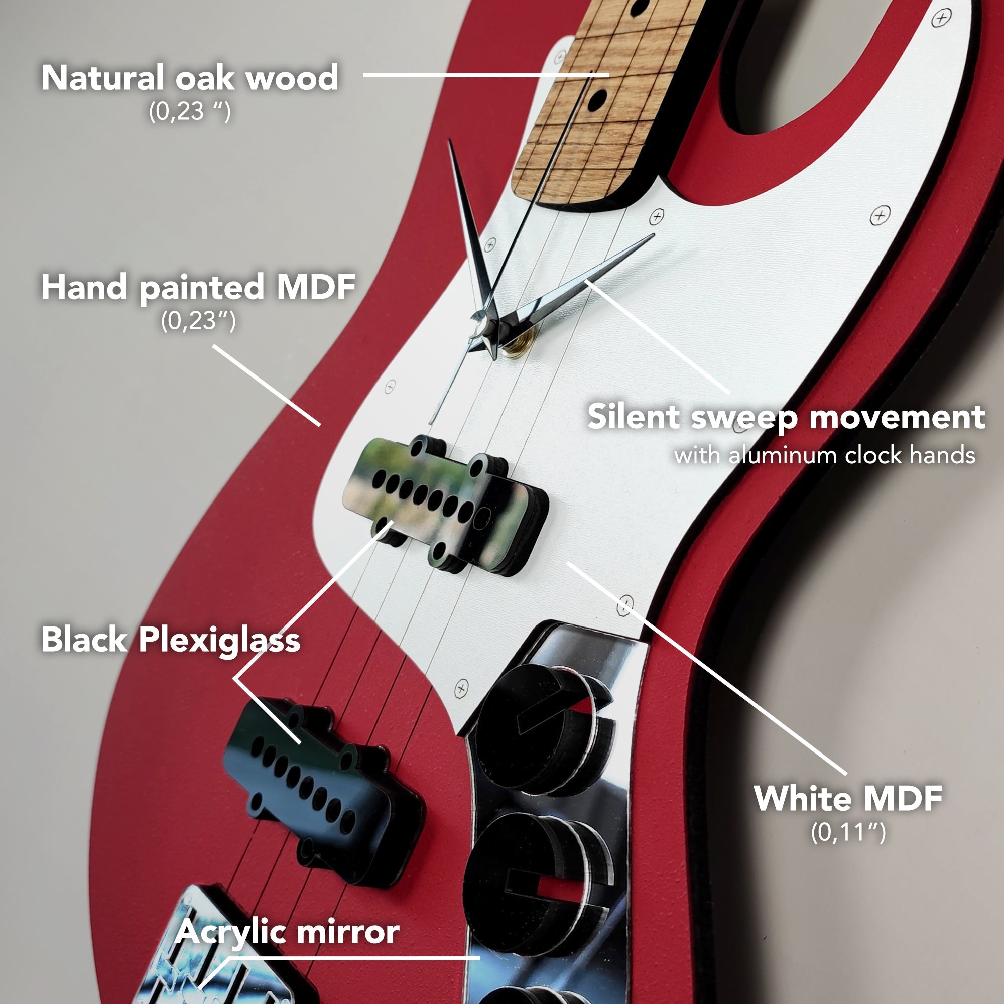 Time Reflection Ultra Realistic Bass Guitar - Shaped 3D Handmade Wooden Wall Clock - Exporgin | Türkiye Comes to You