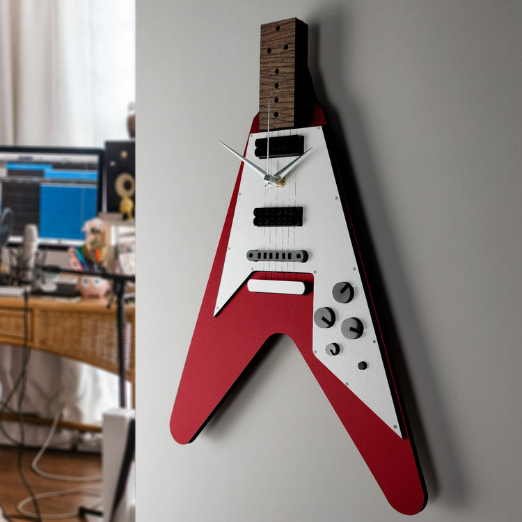 Time Reflection Ultra Realistic V Guitar - Shaped 3D Handmade Wooden Wall Clock - Exporgin | Türkiye Comes to You