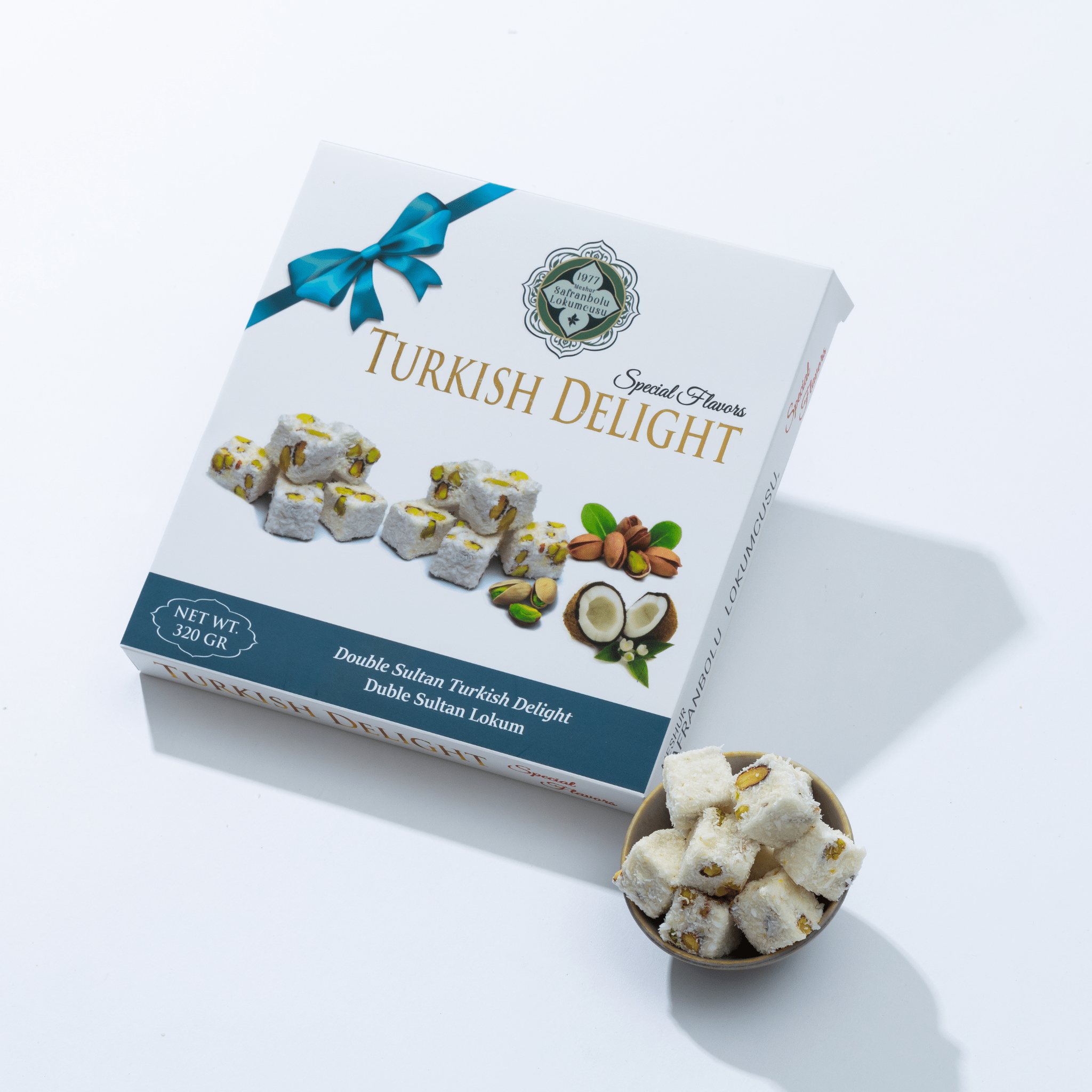 Turkish Delight Double Sultan with Pistachio Covered Coconut 200g (7.05 oz) / 320g (11.29 oz) - Exporgin | Türkiye Comes to You