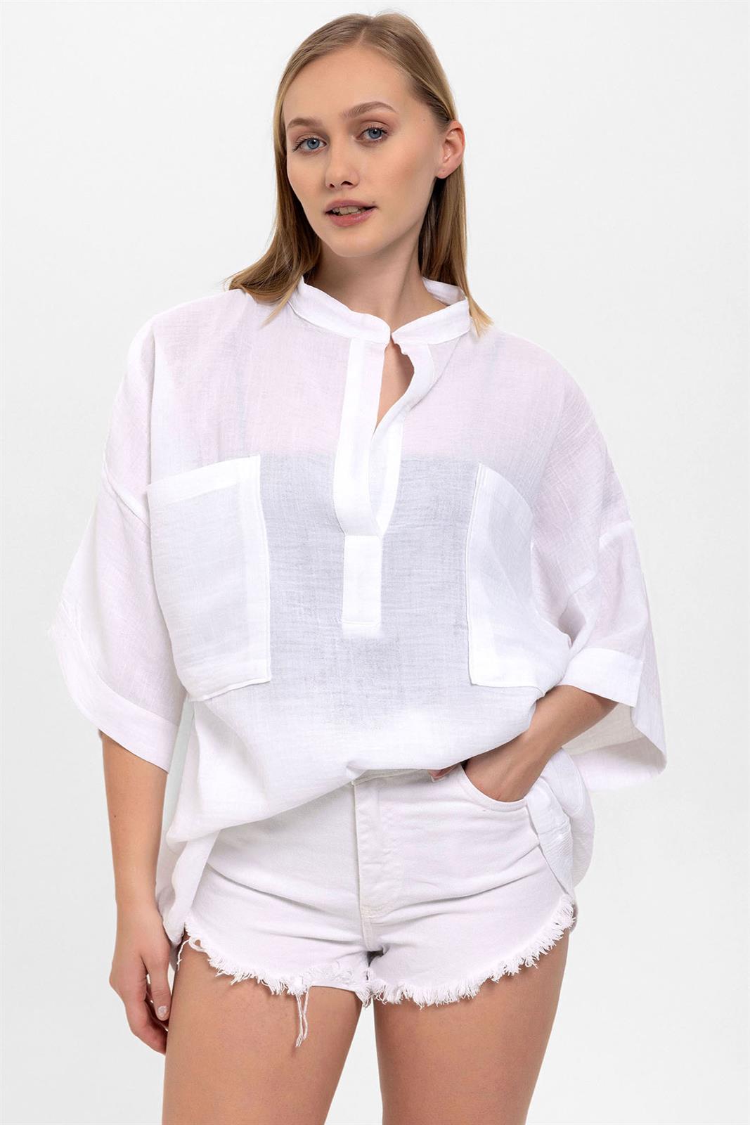 Blanca sile tela bolsillo juez de manga corta collar de verano blusa para mujeres de algodón