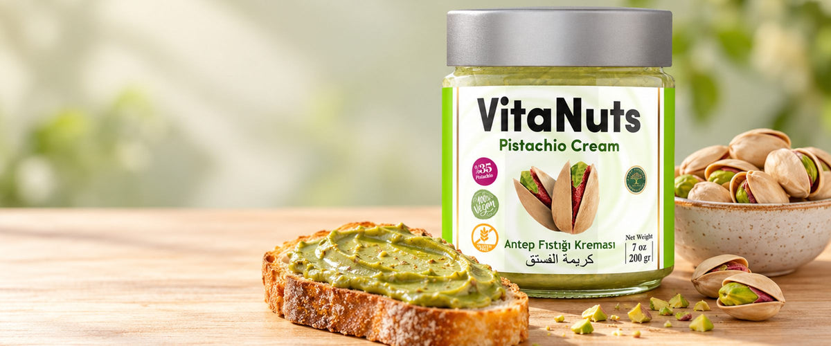 VitaNuts pistachio cream jar with pistachio toast