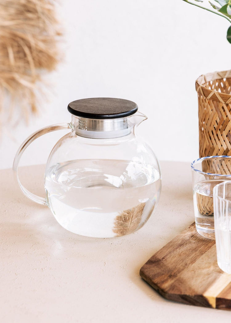 Wooden Glass Jug – Borosilicate & Heat - Resistant with Wooden Lid – 1500cc (16x16x17 cm) - Exporgin - Global Shopping Site