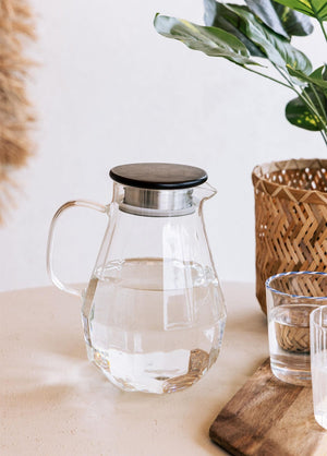 Wooden Glass Jug – Borosilicate & Heat - Resistant with Wooden Lid – 1800cc (15x15x24 cm) - Exporgin - Global Shopping Site