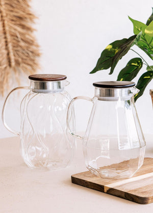 Wooden Glass Jug – Borosilicate & Heat - Resistant with Wooden Lid – 1800cc (15x15x24 cm) - Exporgin - Global Shopping Site